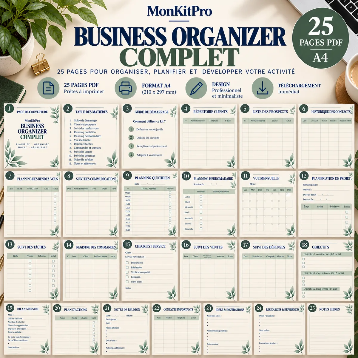 Business Organizer Complet MonKitPro : aperçu des 25 pages PDF A4 pour organiser, planifier et développer son activité