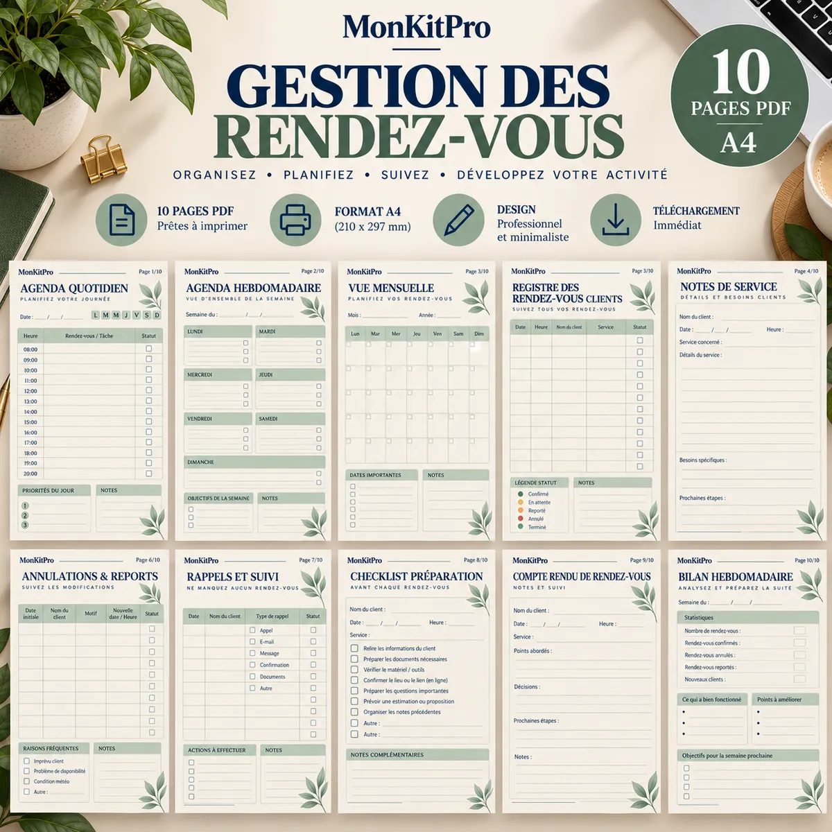 Gestion des Rendez-vous MonKitPro : aperçu des 10 pages PDF A4, agendas, registre, rappels et compte rendu
