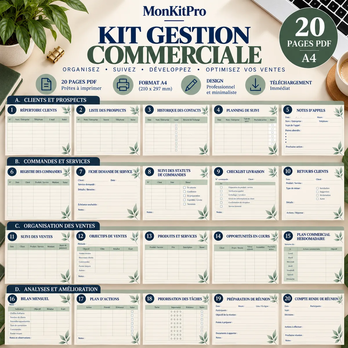 Kit Gestion Commerciale MonKitPro : aperçu des 20 pages PDF A4 en quatre sections, clients, commandes, ventes et analyses