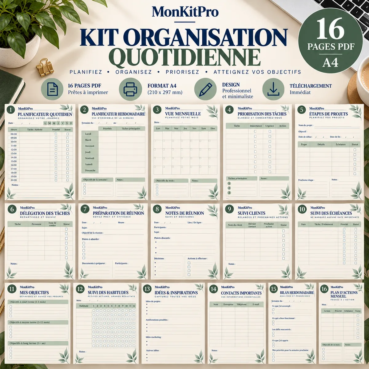 Kit Organisation Quotidienne MonKitPro : aperçu des 16 pages PDF A4, planificateurs, priorisation, réunions et objectifs