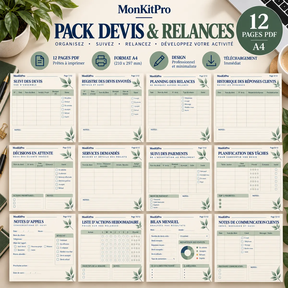 Pack Devis & Relances MonKitPro : aperçu des 12 pages PDF A4, suivi des devis, relances et paiements