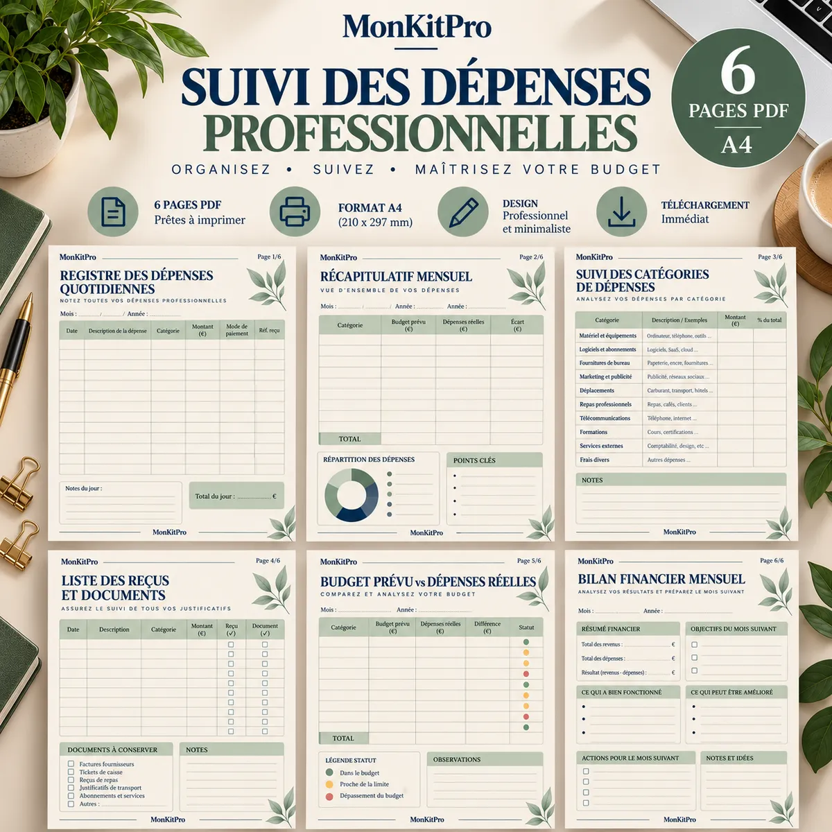 Suivi des Dépenses Professionnelles MonKitPro : aperçu des 6 pages PDF A4, registre, récapitulatif, budget et bilan