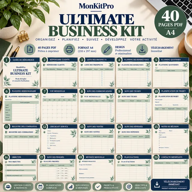 Ultimate Business Kit MonKitPro : aperçu des pages PDF A4 du kit de 40 pages pour organiser et développer son activité